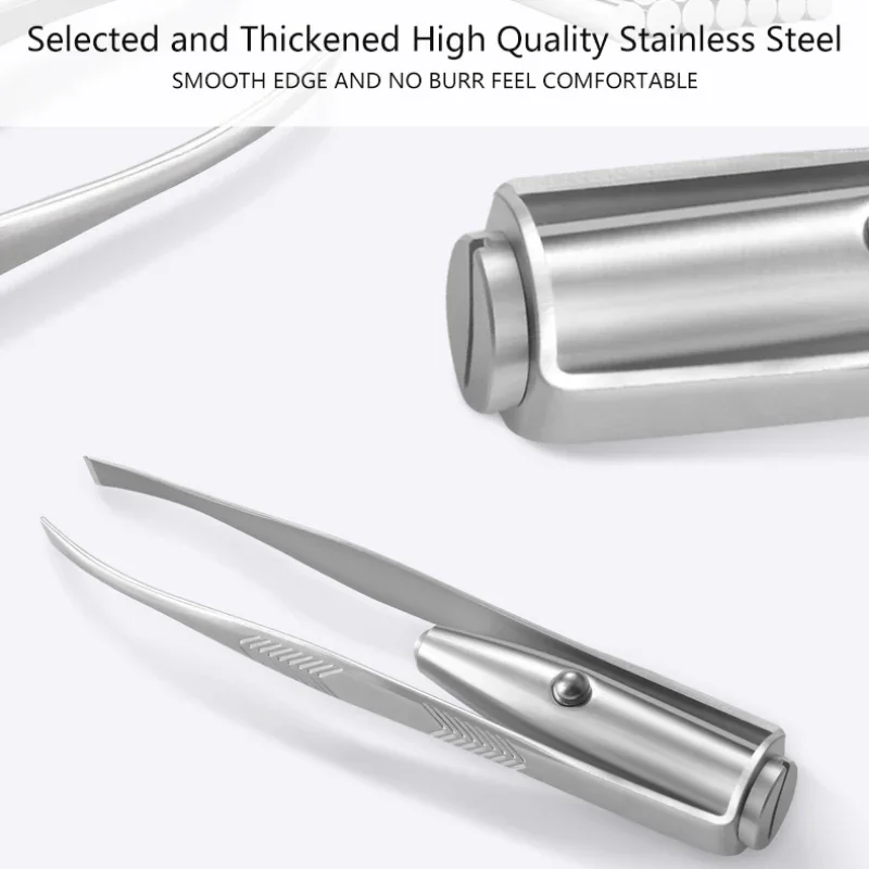 LED Illuminated Slant Tip Tweezers - Portable Eyebrow Hair Remover with Precision Edge for Professional Makeup & Travel Kit