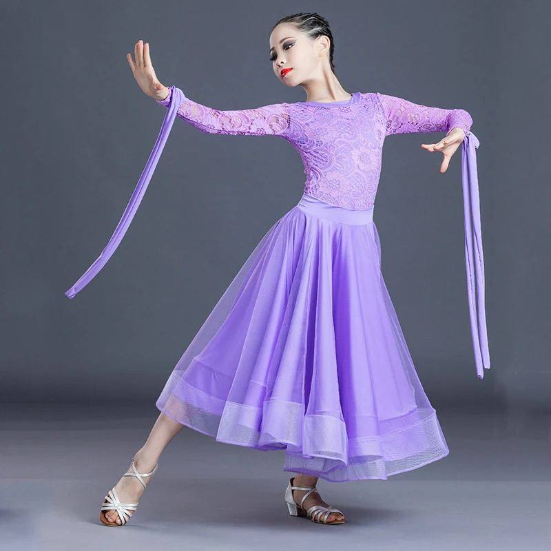 New Ballroom Dance Competition Dress For Girls Long Sleeved Lace Tops Skirts Suit Waltz Rumba Modern Dance Clothing DN12893