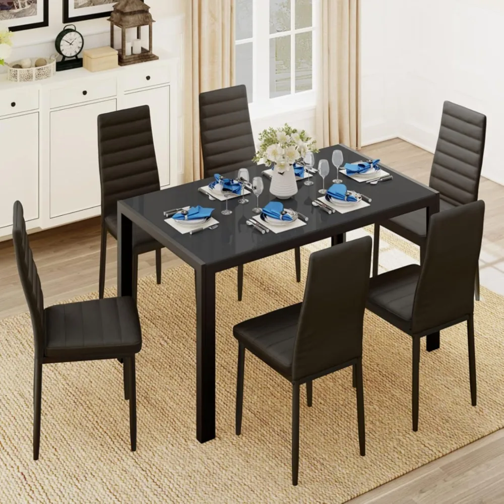 Dining Table Sets for 6, 7 Piece Kitchen Table and Chairs Set for 6 Person, PU Leather Modern Dining Room Sets Home, Kitchen