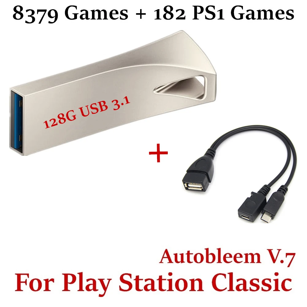 Unità Flash da 128 GB U-Disk per giochi PlayStation Classic 8379 + 182 giochi PS1 Plug & Play con cavo Micro USB OTG