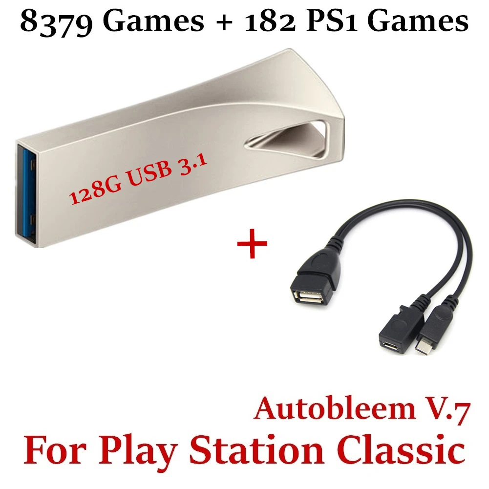 Flash Drive U-disk para Playstation Classic 8379 Jogos Mais 182 Ps1 Jogos Plug & Play com Micro Usb Otg Cable 128 gb