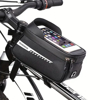 Borsa impermeabile per telaio anteriore per bici con visiera parasole per touch screen, portaoggetti per ciclismo e supporto per telefono per biciclette
