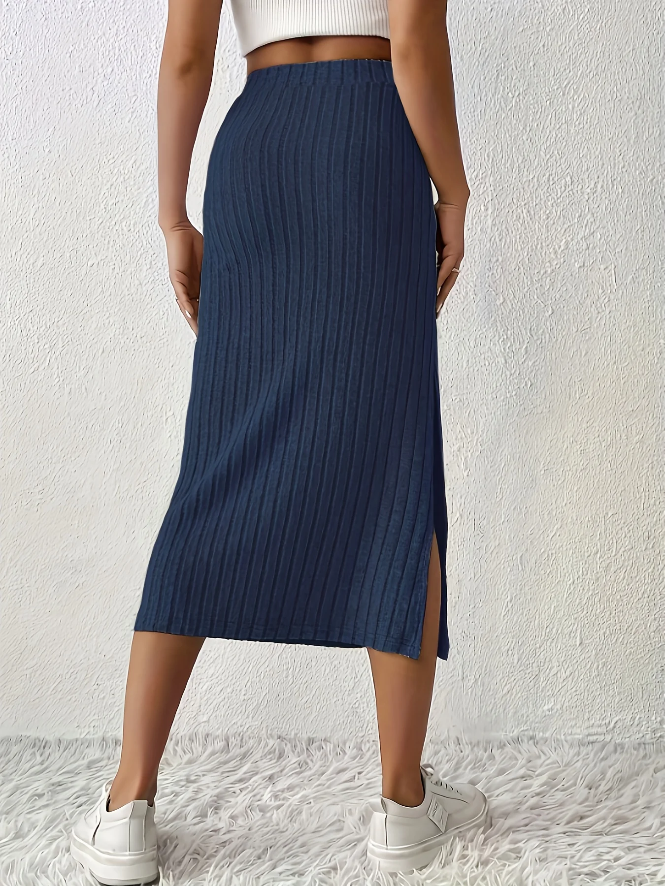 Elegant Navy Blue Casual Slit Skirt