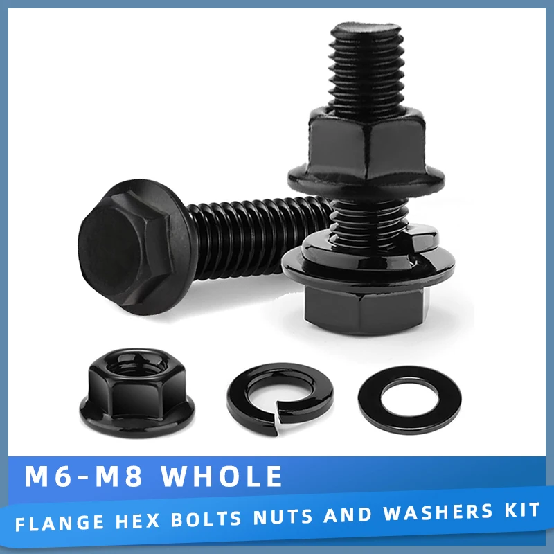 M6 M8 Flange Screw Lock & Flat Washers Kit Metric Full Thread Hex Bolts and Nuts Set Black Zinc Plated Alloy Steel 10.9 Grade