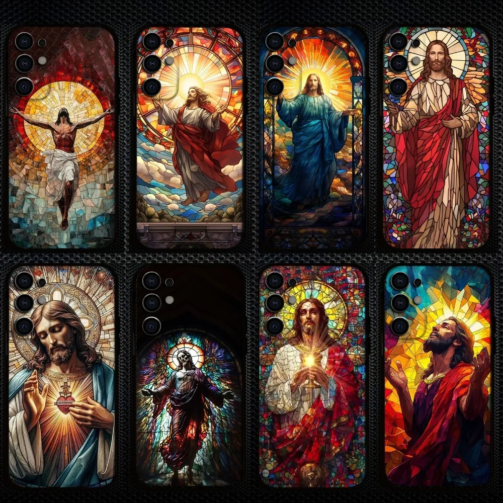 Classic Stained Glass Jesus Christ Phone Case - Elegant Black Cover