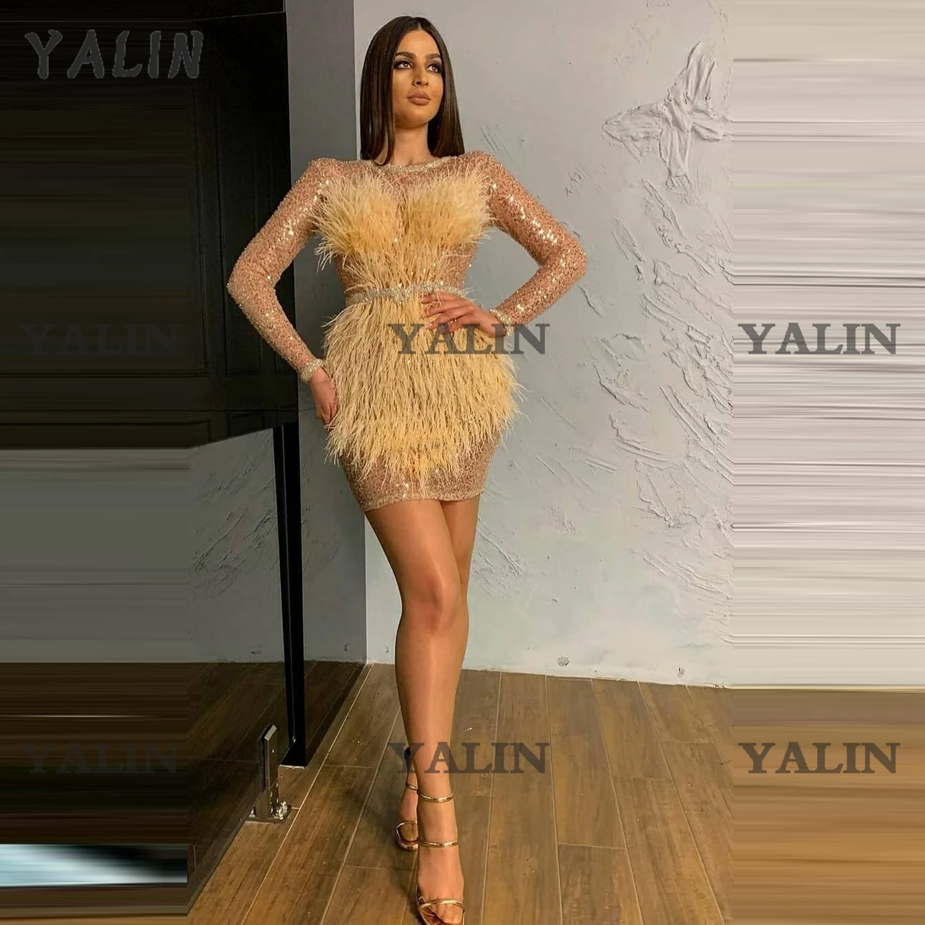 

YALIN Exquisite O-Neck Cocktail Party Dress Sequined Long Sleeves Mini Prom Tassels Backless Pageant Gown kate middleton