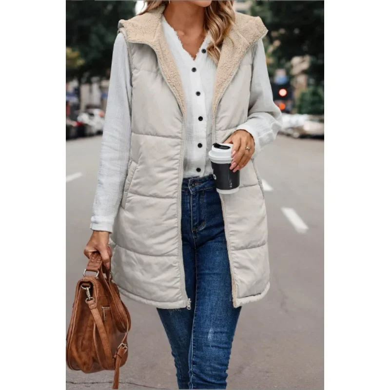 Women's Solid Color Hooded Cotton Coat Vest Winter 2025 New Warm Vest Coat Women's Fashion Sleeveless Zipper Cardigan Vest 6