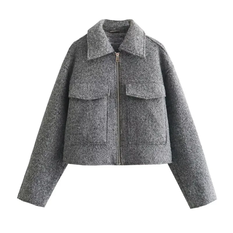 TRAF Autumn Winter Cropped Jacket for Women Short Coat Tweed Jacket Zip Crop Demi-season Jacket Woman New in outerwears 5