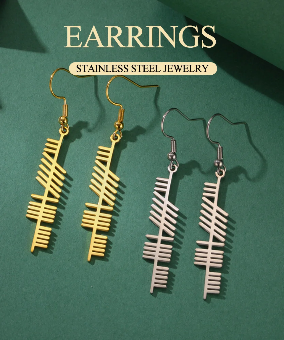 Dawapara antike irische Ogham-Ohrringe für Frauen, nordischer Baum, Alphabet, Anhänger, Stärke, Weisheitssymbol, Edelstahl-Schmuck – Detail 1