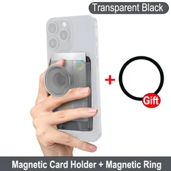 Magnetic Card Holder Wallet with Finger Ring Stand (Transparent black)