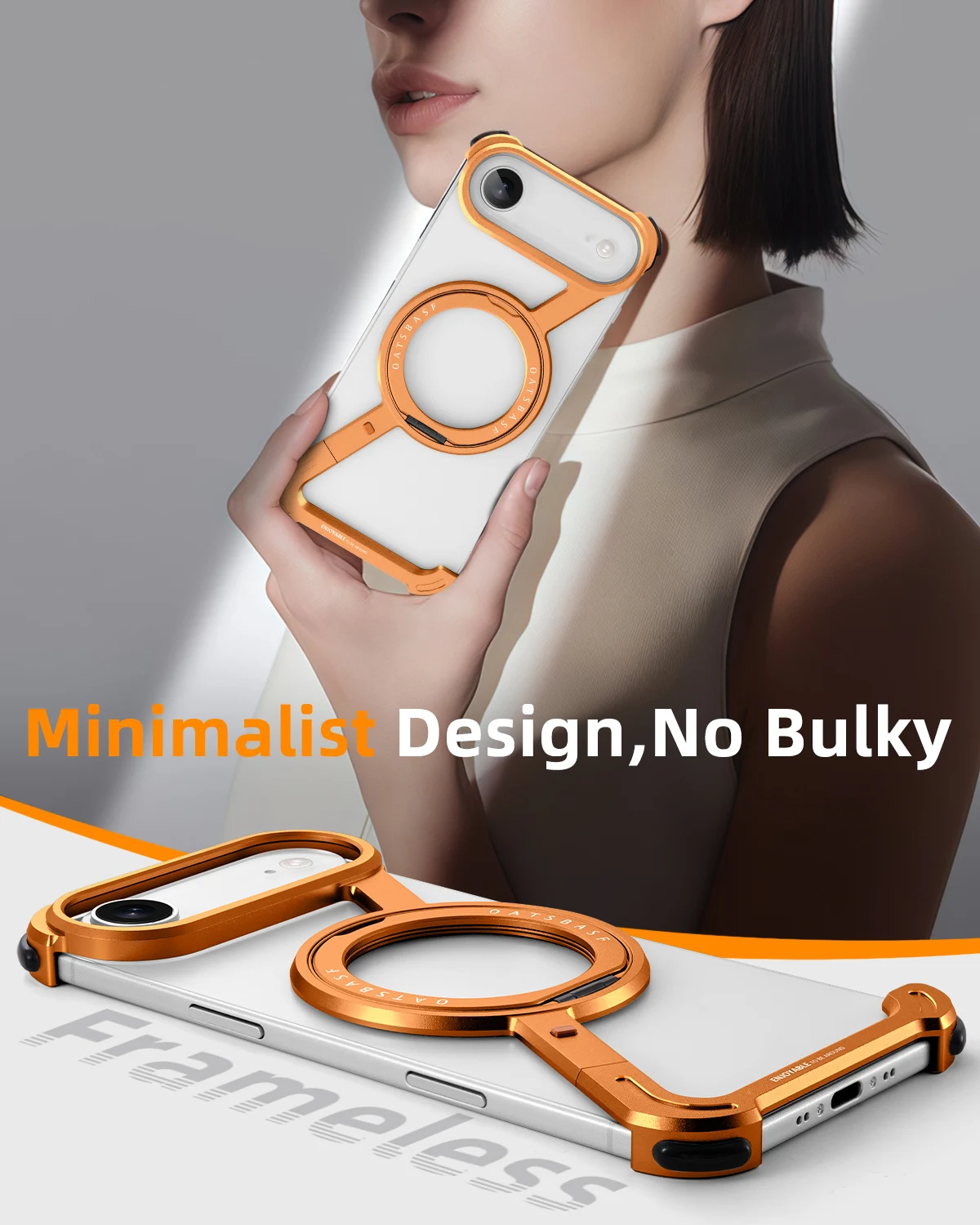 Oatsbasf Metal Frameless Phone Case with 360° Rotatable Ring Stand - Shockproof Bumper Design
