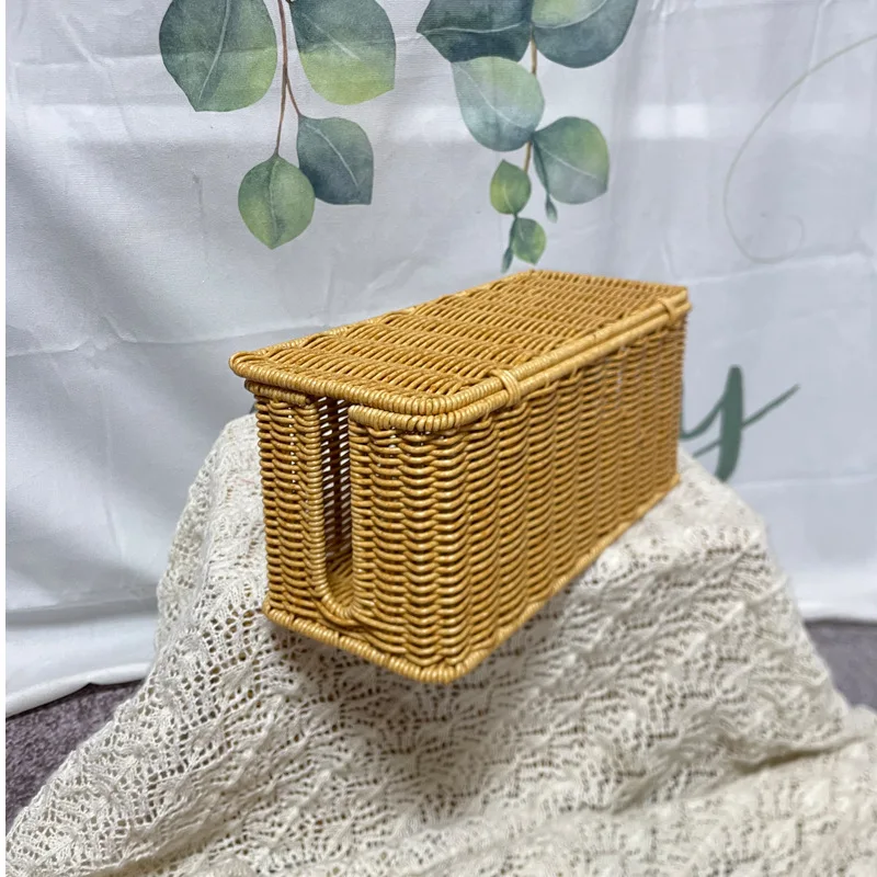 Scandinavian Rustic  Desktop Plug Socket Organizer Box Imitation Rattan Bedroom Data Cable Power Cord Organizing Storage Basket 5