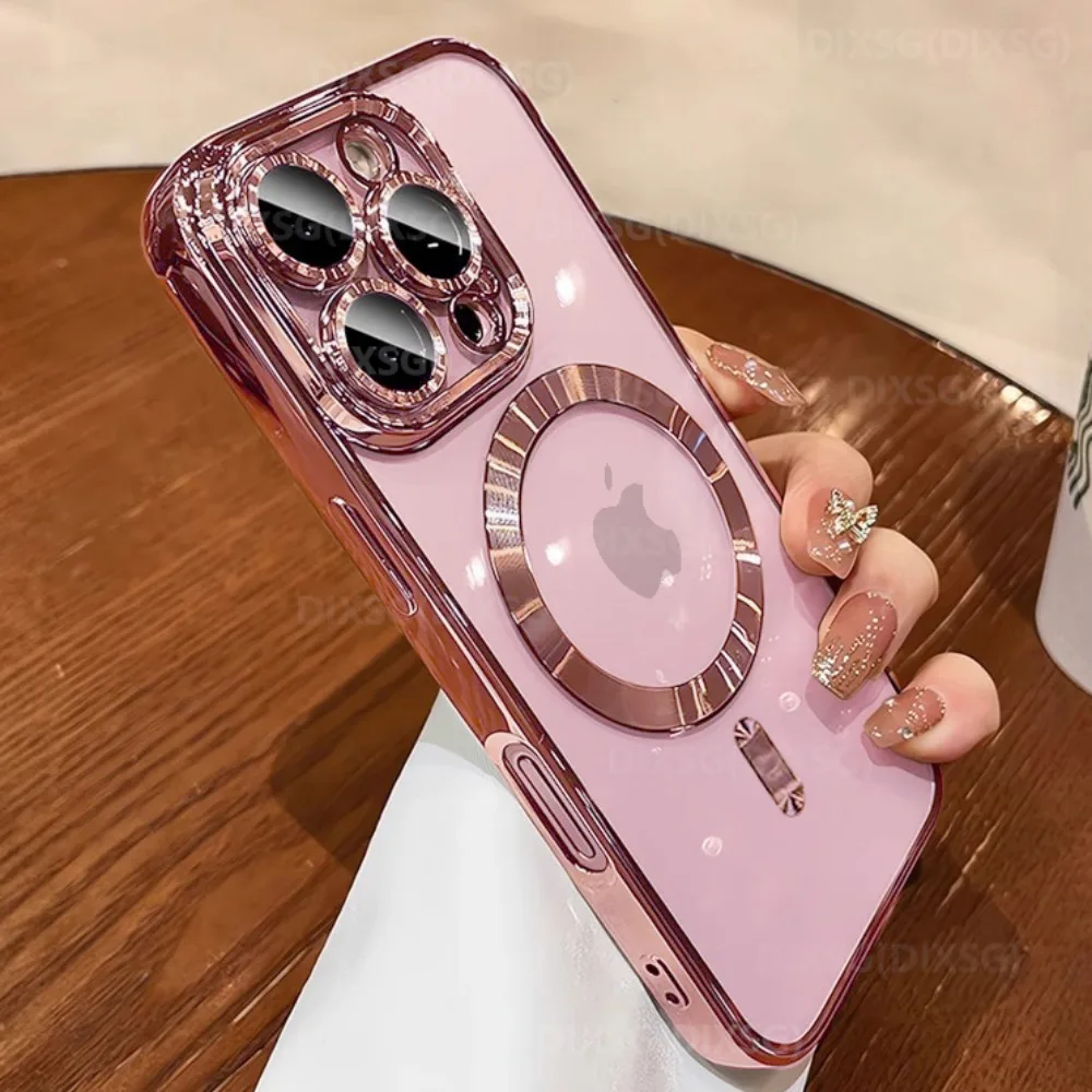 Luxury Transparent Pink Soft Plating Case with Magnetic Lens Protection