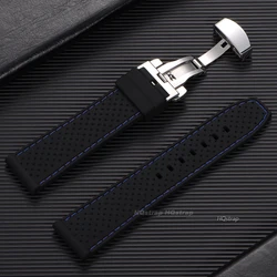 Silicone Sport Watch Strap with Butterfly Buckle - Breathable Waterproof Wristband - 22mm (Black blue)