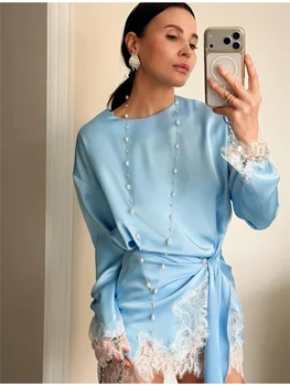 Women Elegant Lace Patchwork Lace-up Dress Solid Round Neck Full Sleeve Satin Loose Mini Dresses 2026 Spring Party Club Vestido 1