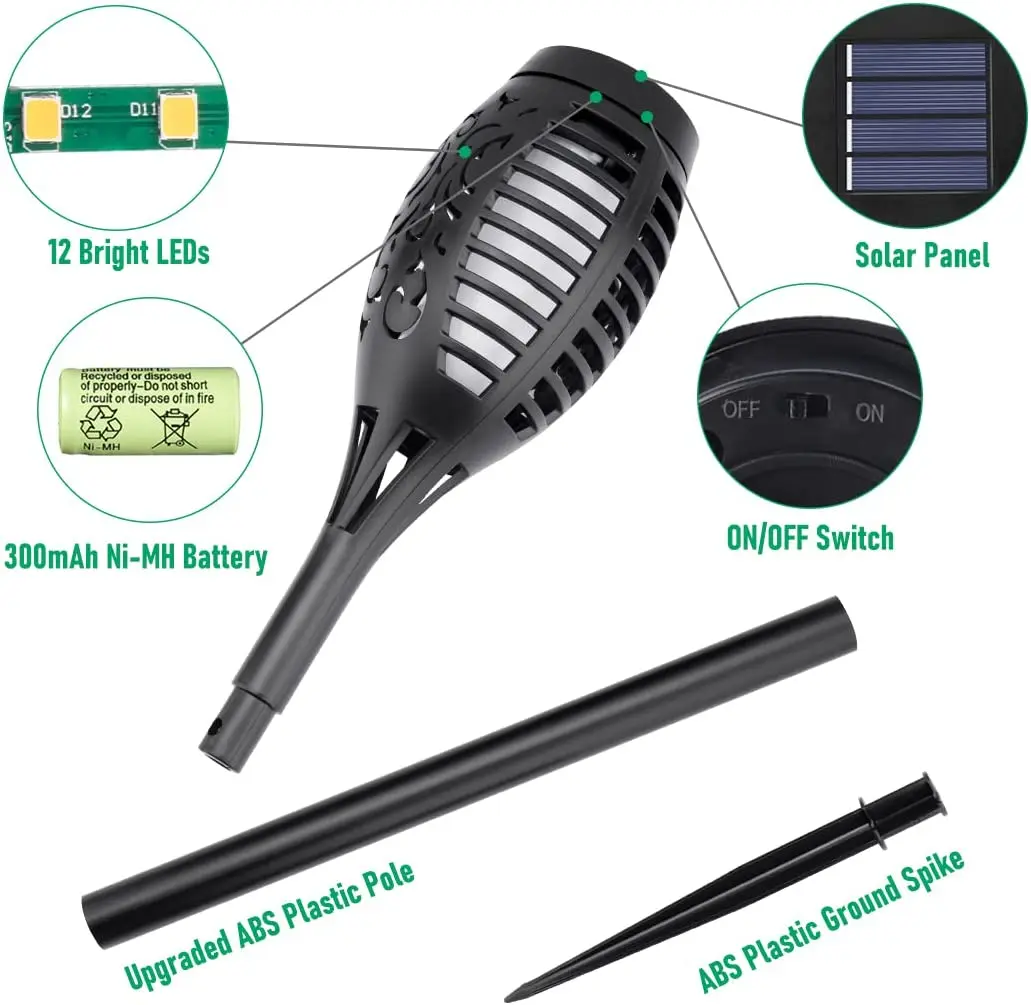 4Pcs LED 방수 태양 전원 야외 조명, 깜빡이는 불꽃 태양 티키 토스, 할로윈 장식 정원 조명