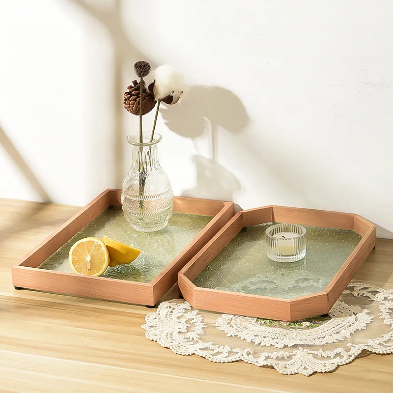 Begonia embossed glass walnut rectangular tea tray storage ornament, tea cup, fruit snack wood decorative tray large 4
