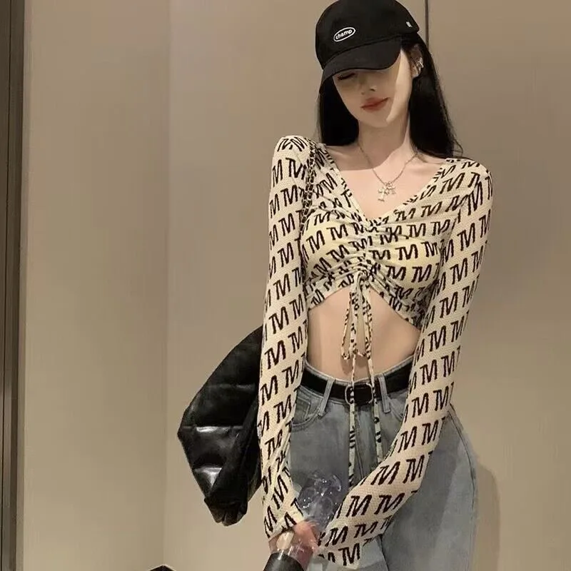 

American Style Short Spicy Girls Long Sleeved Letters Korean Japanese Casual Style Short Style Tops T Shirt Women Femme レディース