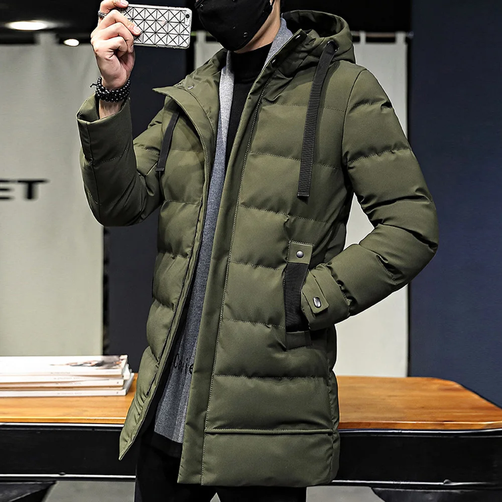 Winter High Quality Men Casual Fashion Solid Color Slim Hooded Zip Long Thick Warm Coat Overcoat Thick Hat Fashion Down Jacket