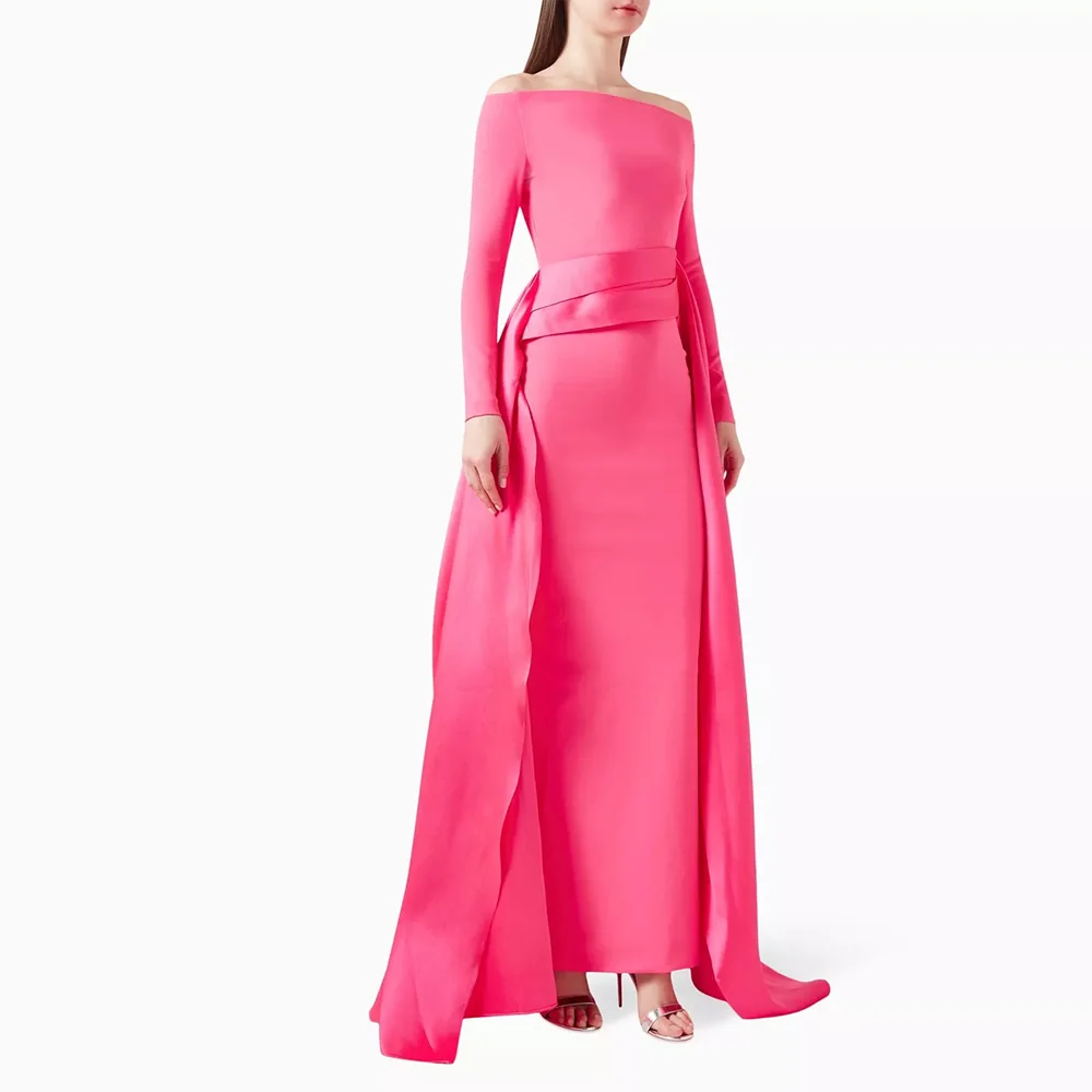 

Sevintage Pink Mermaid Prom Dresses Long Sleeves Off the Shoulder Saudi Arabic Evening Gowns Pleat Ruched Formal Occasion Dress