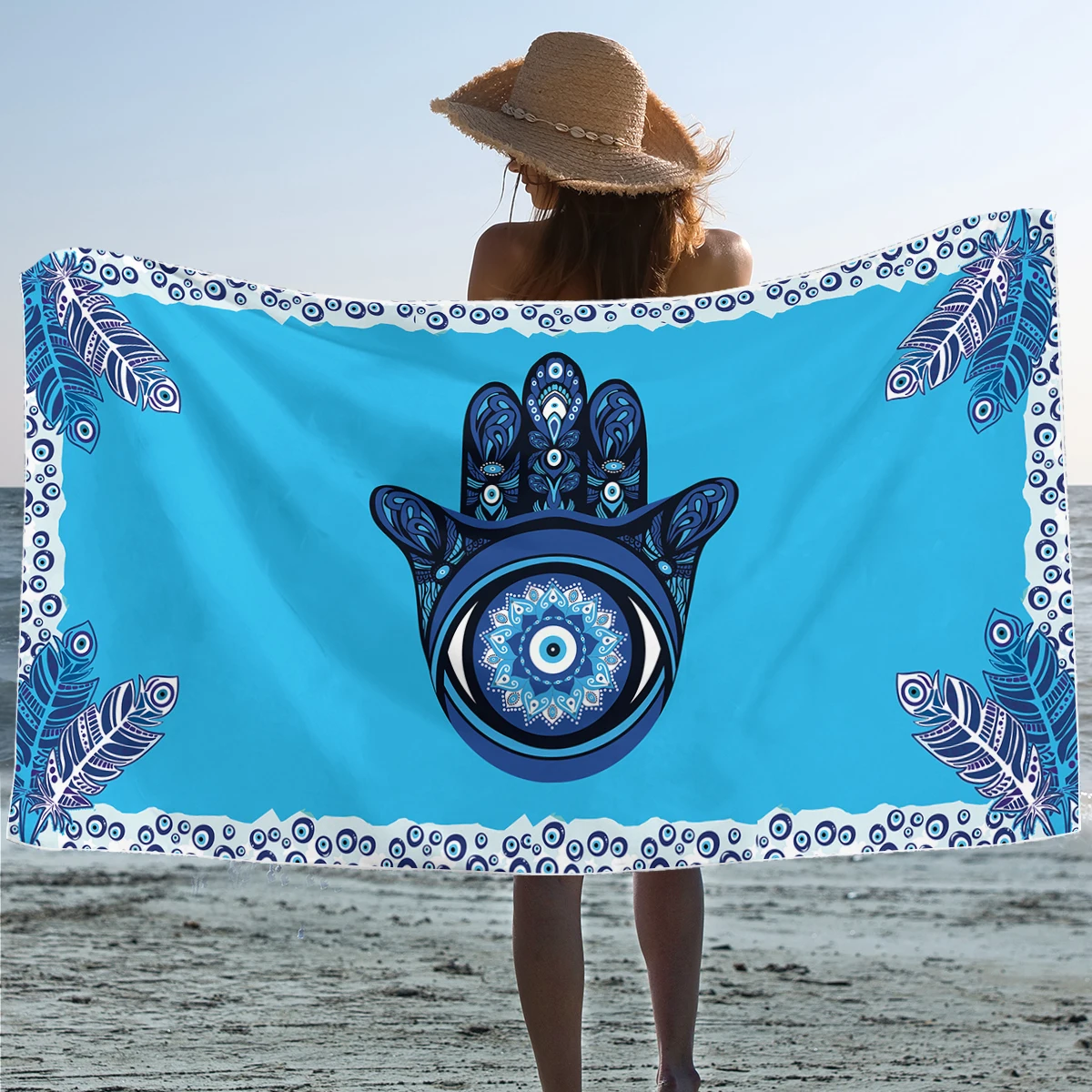 Evil Eye Hamsa Bath Towel Mandala Beach Towel Hand Blue Rectangle Beach Mat 75x150cm Peacock Feather Thin Blanket