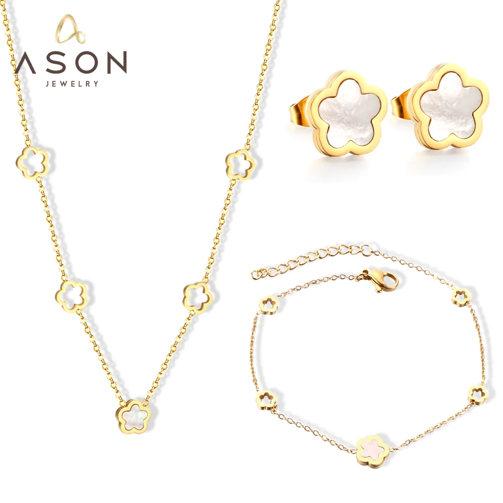 ASONSTEEL Luxury Elegant White Shell Flower Charm Bracelet Necklace Stud Earrings Women Stainless Steel Jewelry Trending Van New 2