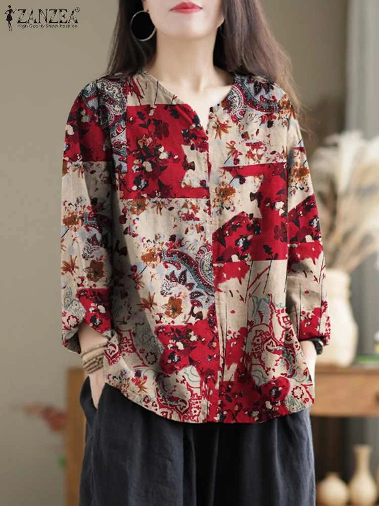 

2023 ZANZEA Women Bohemain Long Sleeve Blouse Fashion Floral Printed Tunic Tops Causal Loose Work Holiday Shirt Female Blusas