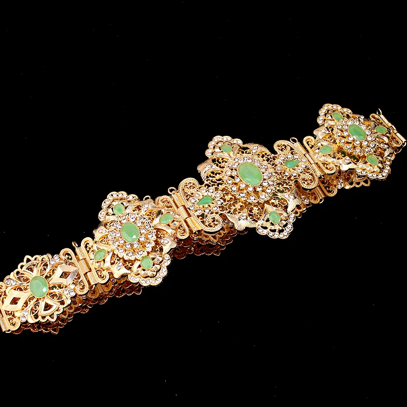 Green Rhinesotne Caftan Wedding Belts Gold Plated Long Chain Body Jewelr for Women Middle East Birdal Accessory Luxury Bijoux