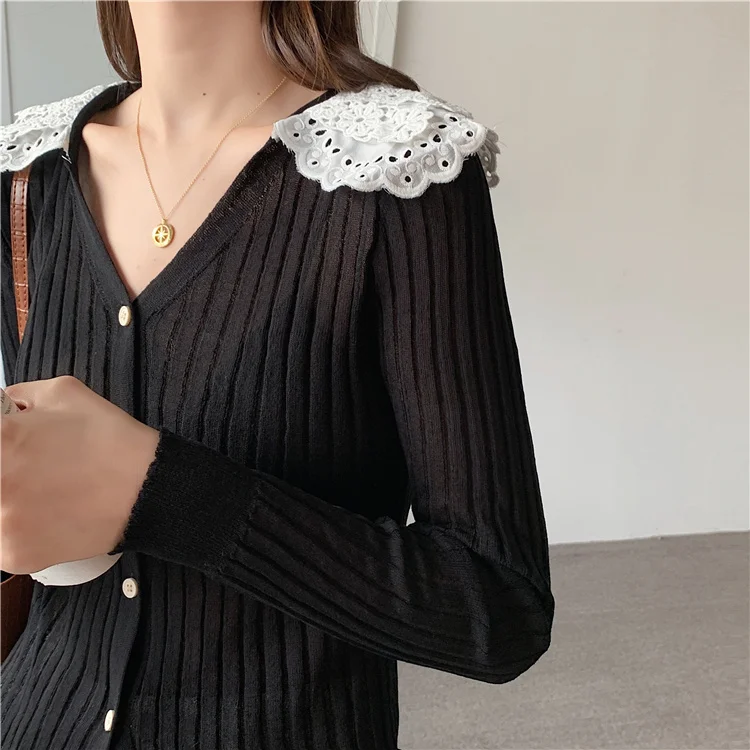 HziriP French Patchwork Lace Slim Cardigan Sweaters Chic 2021 High Street Elegant Hot Outwear OL Autumn Casual New Women Tops green sweater
