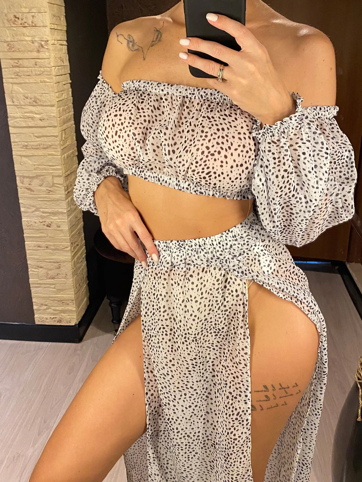 Leopard Off-Shoulder Long Sleeve Two-Piece Beachwear Set