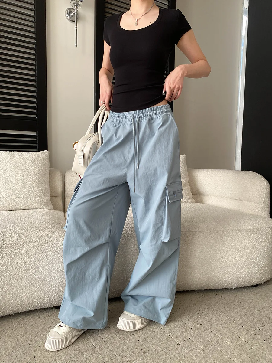 Frühlingshose für Damen, einfarbig, amerikanischer Retro-Stil, mit Kordelzug, elastischer hoher Taille, lässige Fallschirmjäger-Arbeitshose mit weitem Bein – Detail 30