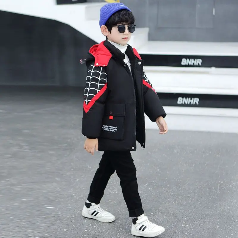 Children Clothing Winter Kids Spider Man Cartoon Luminous Hooded Cotton Coat Teen Boys Outdoor Skiing Jacket Warm Parka