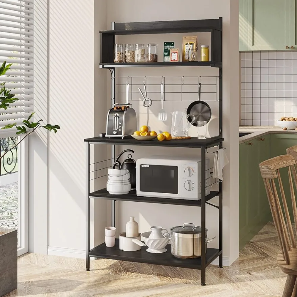 

Kitchen Baker's Rack Coffee Station Microwave Oven Stand Kitchen Shelf with Hutch 8 Side Hooks Free Standing Utility Storage