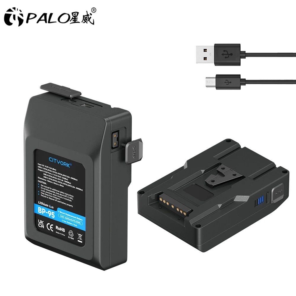 PALO 6600mAh BP-95 V-Lock V Mount Battery for Cameras Smartphones Laptops Fast Charging Rechargeable Lithium Battery with Usb