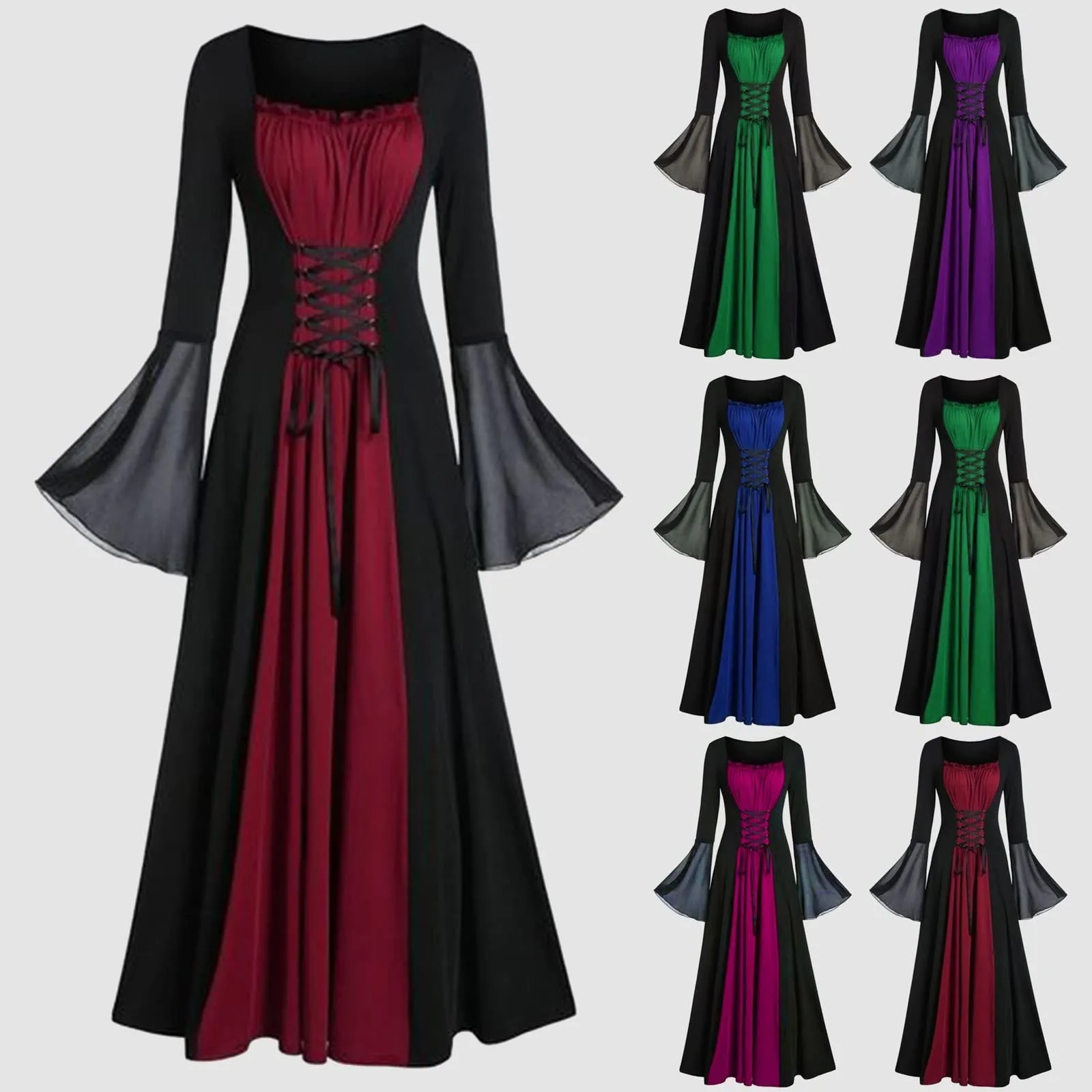 Vestido medieval para mujer, disfraz de princesa renacentista, color rojo y  negro, vestido gótico de terciopelo vintage con manga de trompeta