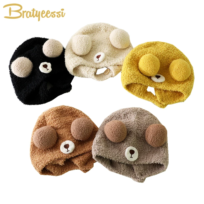 Cute Bear Baby Winter Hat Pompom Warm Fleece Infant Bonnet Warm Ears Korean Toddler Cap for Kids Girls Boys Accessories 6-24M