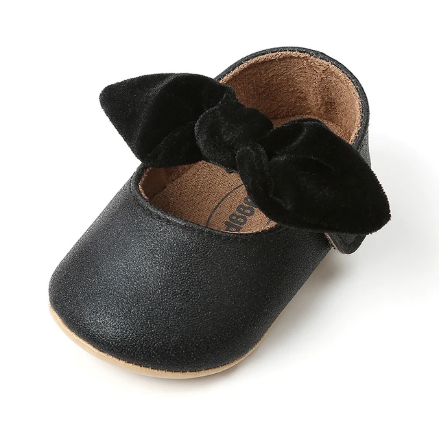 Newborn Baby Shoes Baby Boy Girl Shoes Girl Classic Bowknot Rubber Sole Anti-slip PU Dress Shoes First Walker Toddler Crib Shoes Black-New