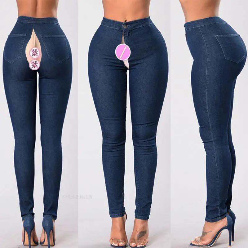 Invisible Open Crotch Pants Sexy High Waist Jeans Women's Leggings Thin Denim Pencil Pants Tight Trousers Dark Blue Streetwear