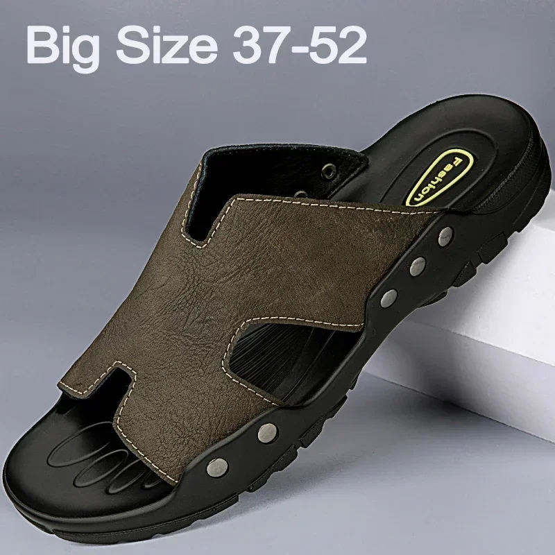 

2024 New Genuine Leather Men Slippers Outdoor Beach Shoes Big Size 37-52 Summer Slippers Casual Sandals Designer Mens Slippers
