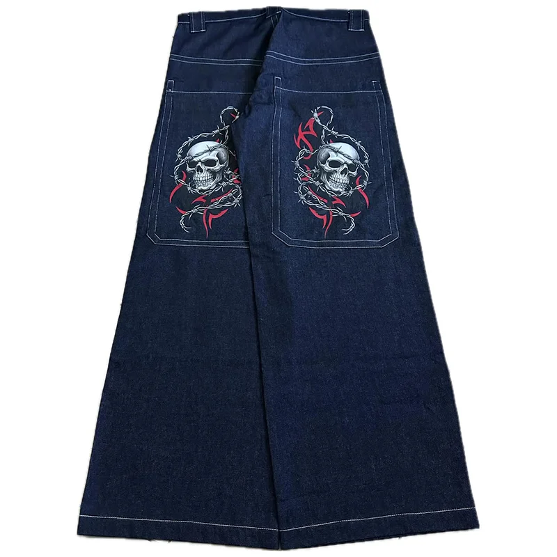 Y2K Vintage Punk Jeans Large Pockets Barbed Wire Skull Printing Loose Wide Leg Jeans Hip Hop Men Women Fashion Casual Streetwear