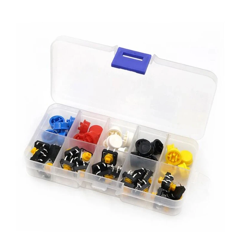 250pcs box 10 model smd tactile push button switch kit car remote control tablet micro momentary key touch switch assortment set WAVGAT 25PCS Tactile Push Button Switch Momentary 12*12*7.3MM Micro switch button Tact Cap(5 colors) for Arduino Switch kit