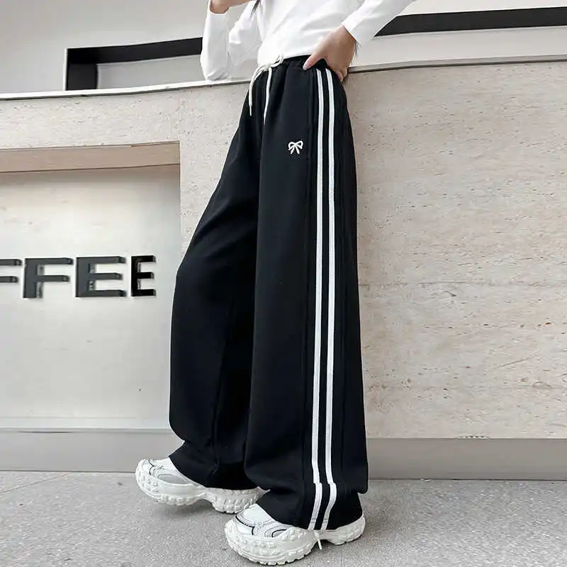 RAISE Junior Girl Sport Pant Spring Bow Elastic Wiast Baby Girl Sweatpant Side Stripe Pure Cotton Striaght Pant For 4-14Y Girl 3