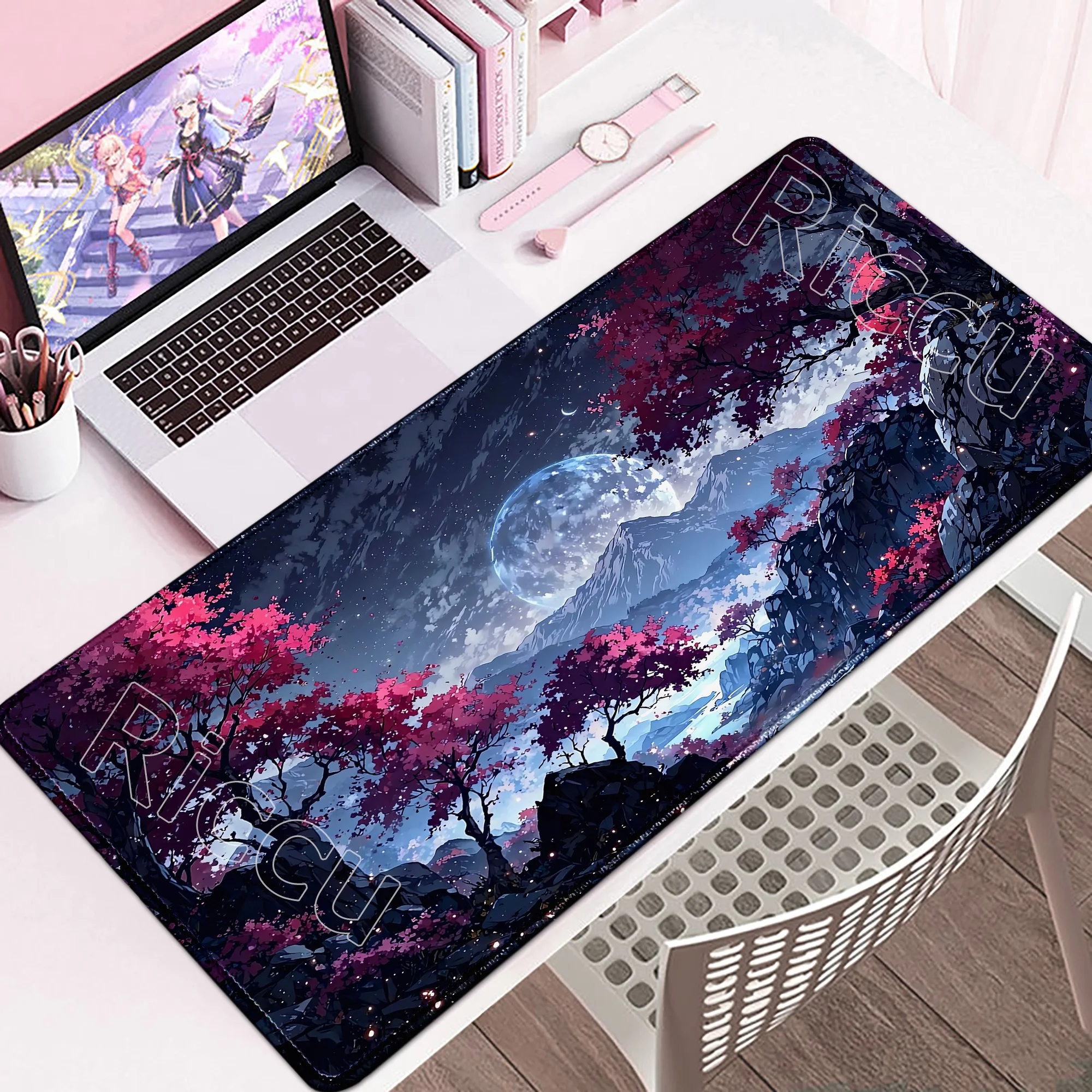 Schöne Sakura Scenery Moon Mauspad, Laptop, Gaming, PC, Tastaturmatte, großes Spielzubehör, rutschfestes Gummi, 500 x 1000 mm, Schreibtischunterlage