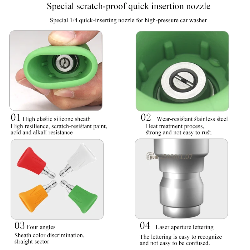 Car Wash Accessories Splash Proof  Stainless Steel Nozzle High Pressure Water Gun Nozzle Soft Rubber Sleeve Sector Nozzle 3