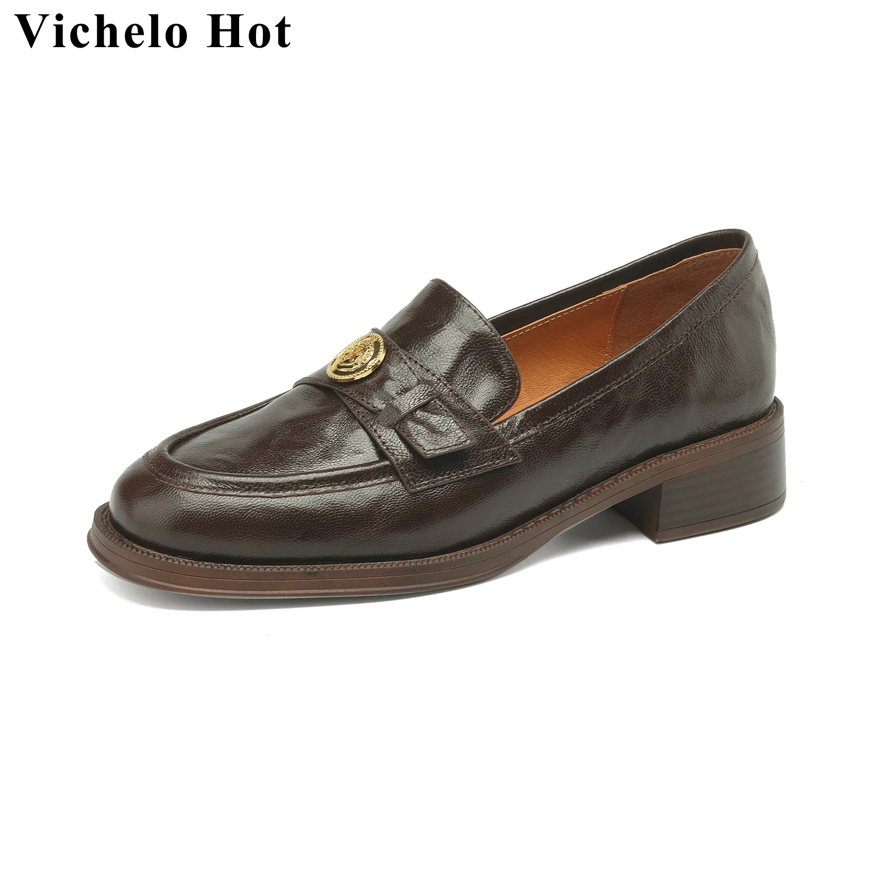 

Vichelo Hot Fashion Sheep Leather Med Heels Spring Casual Shoes Mature Vintage Loafers Slip On Vacation Runway Brand Women Pumps