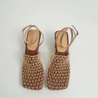 2024 Summer Luxury Designer Sandals Women's Lace Mesh Square Toe Shallow Narrow Strap Braided Slip-on High Heels Sandals - Image 3