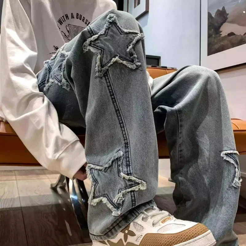 Pantalones Vaqueros Holgados De Estrella De Cinco Puntas Para Hombre Pantalones Vaqueros Sueltos Rectos Hip Hop