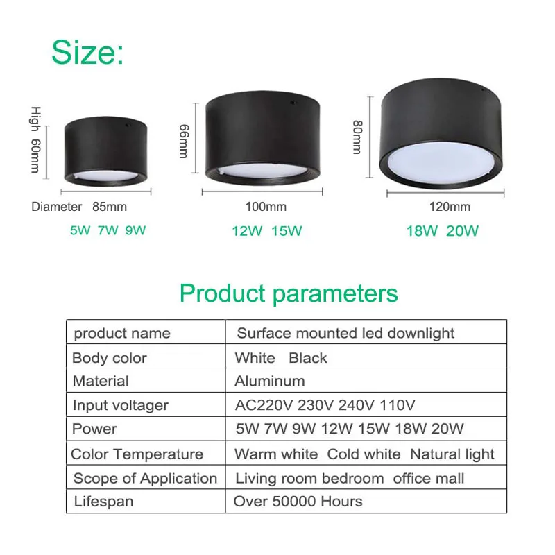 Dimmable no-hole surface mounted 12W 15W LED downlight 110V 220V ceiling light 5W 7W 9W cob led spotlight ceiling light led downlight ceiling lamps
