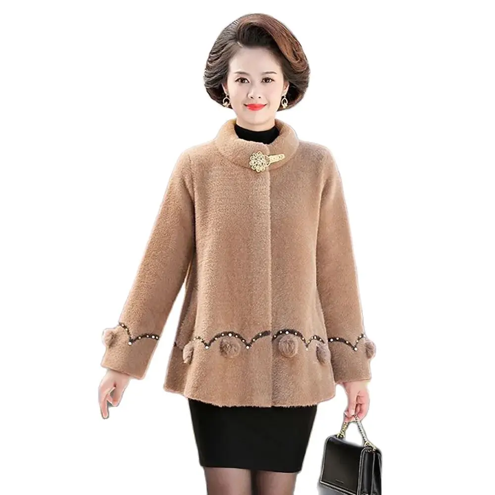 Fashion Mother Autumn And Winter Mink Velvet Coat Western-Style Middle-aged And Elderly Women's Loose Semi-high Collar Coat 5XL. fdfklak middle aged elderly clothes mother gift plus velvet warm cotton padded jacket button 5xl large size russian winter coats