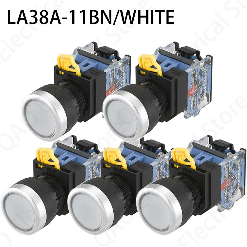 5PCS LA38A-11BN Quality Sliver Contact Push Button Switch On/Off Momentary/Latching 22mm white 10 pcs dpdt on off on momentary mini toggle switch ac 250v 2a 120v 5a